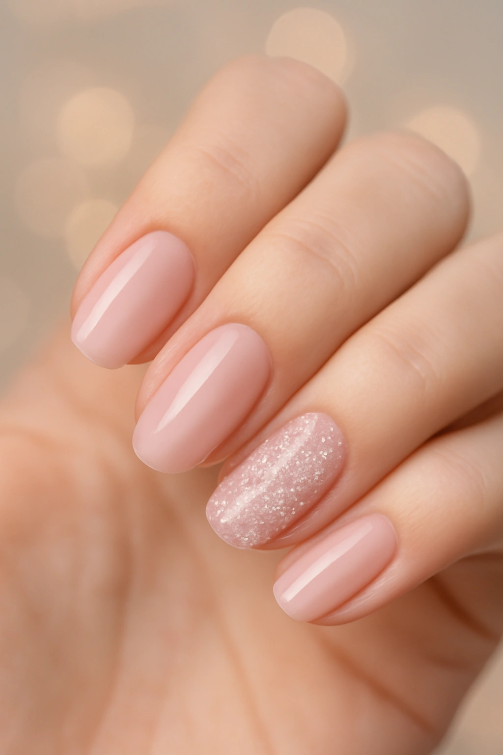 Sheer pink nails with a silver glitter accent on the ring finger