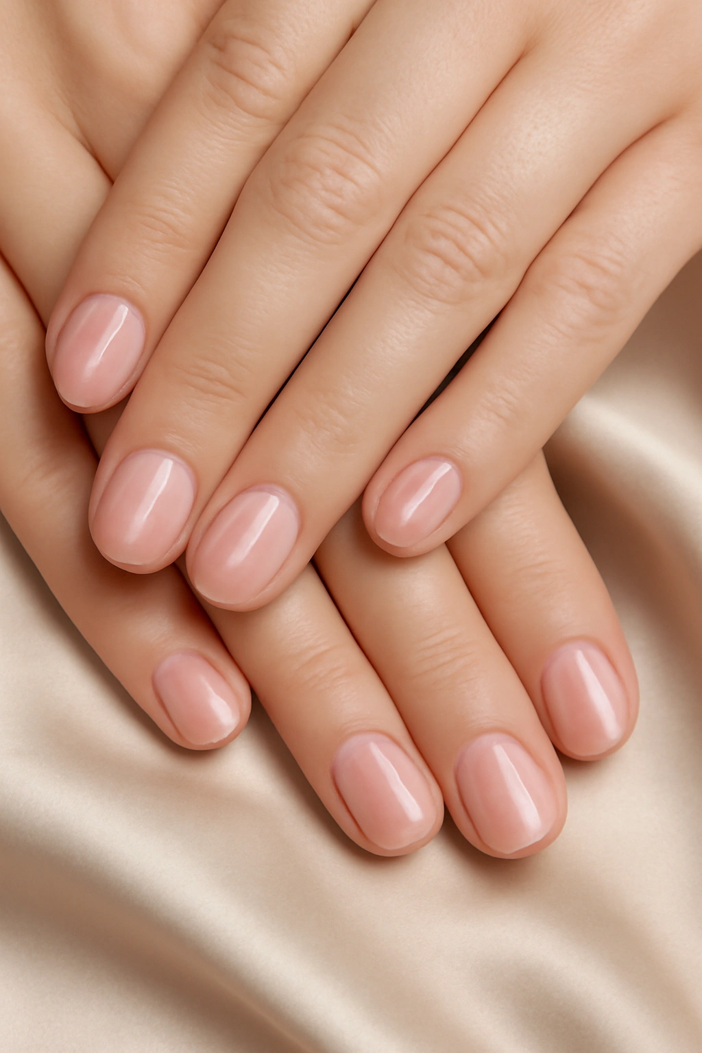 Short nails with a sheer pale pink polish offering a natural and refined glow.