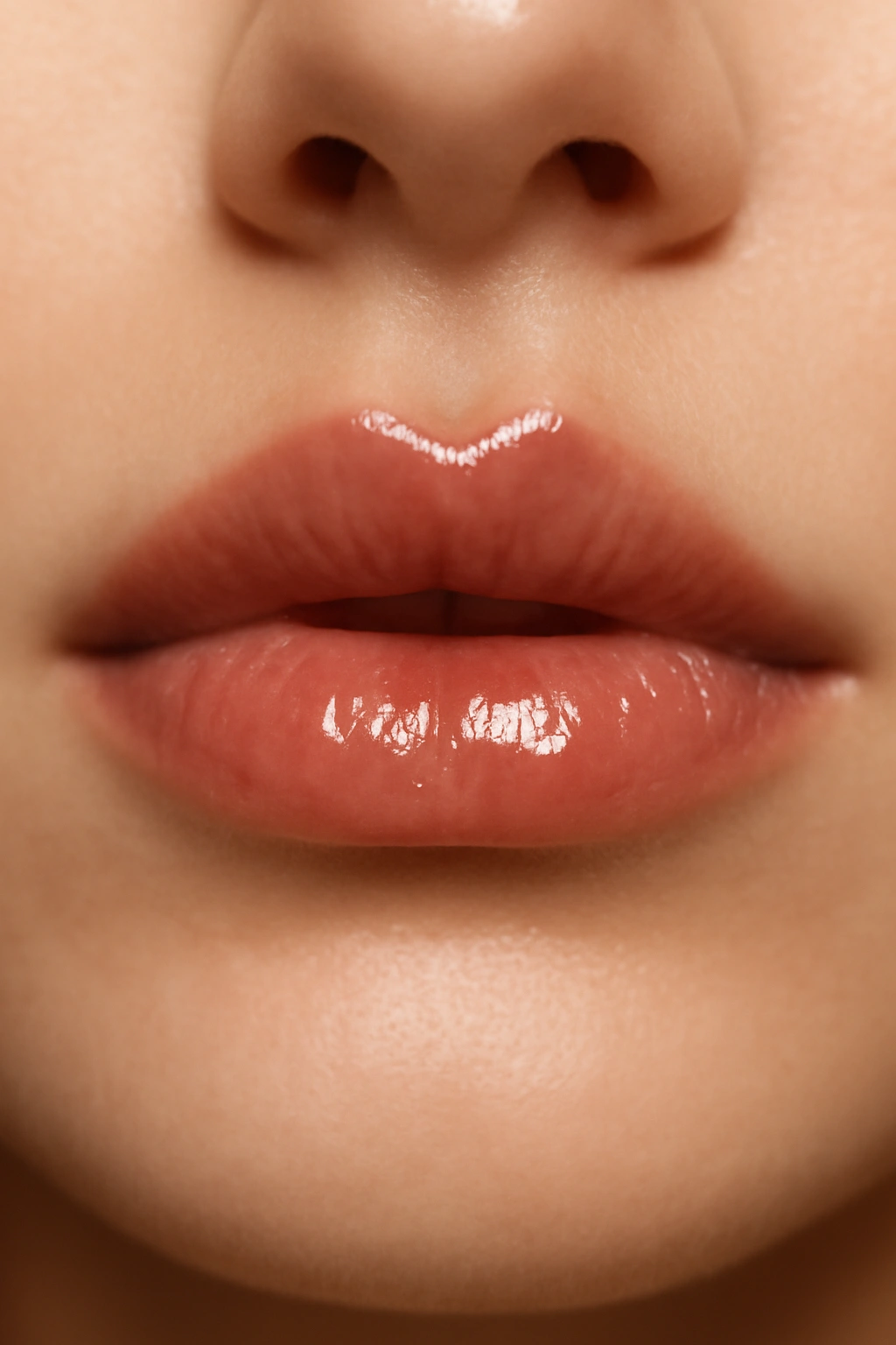 Close-up of sheer tinted gloss on lips with buildable color