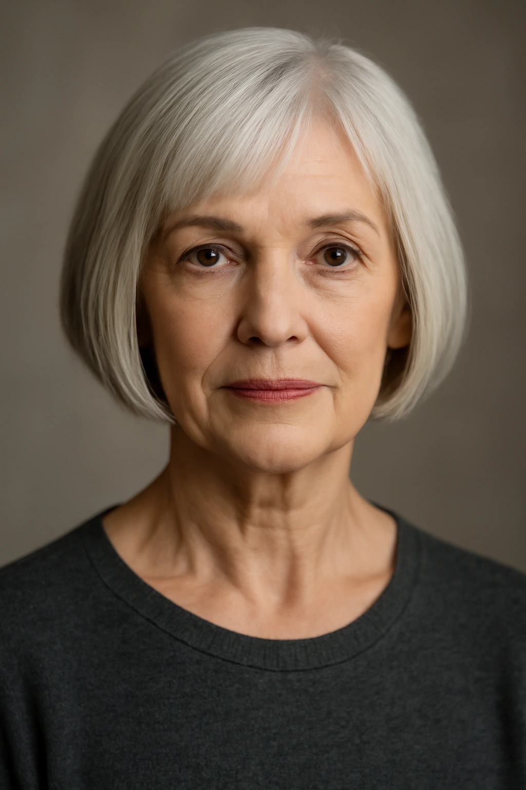 Woman over 60 with a blunt short bob and crisp silhouette