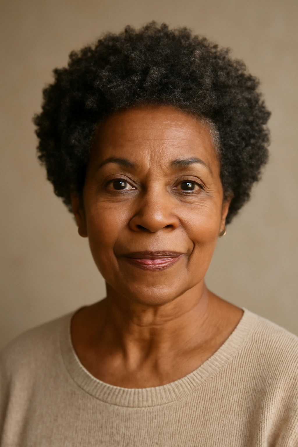 Older woman with natural short afro and rounded crown.