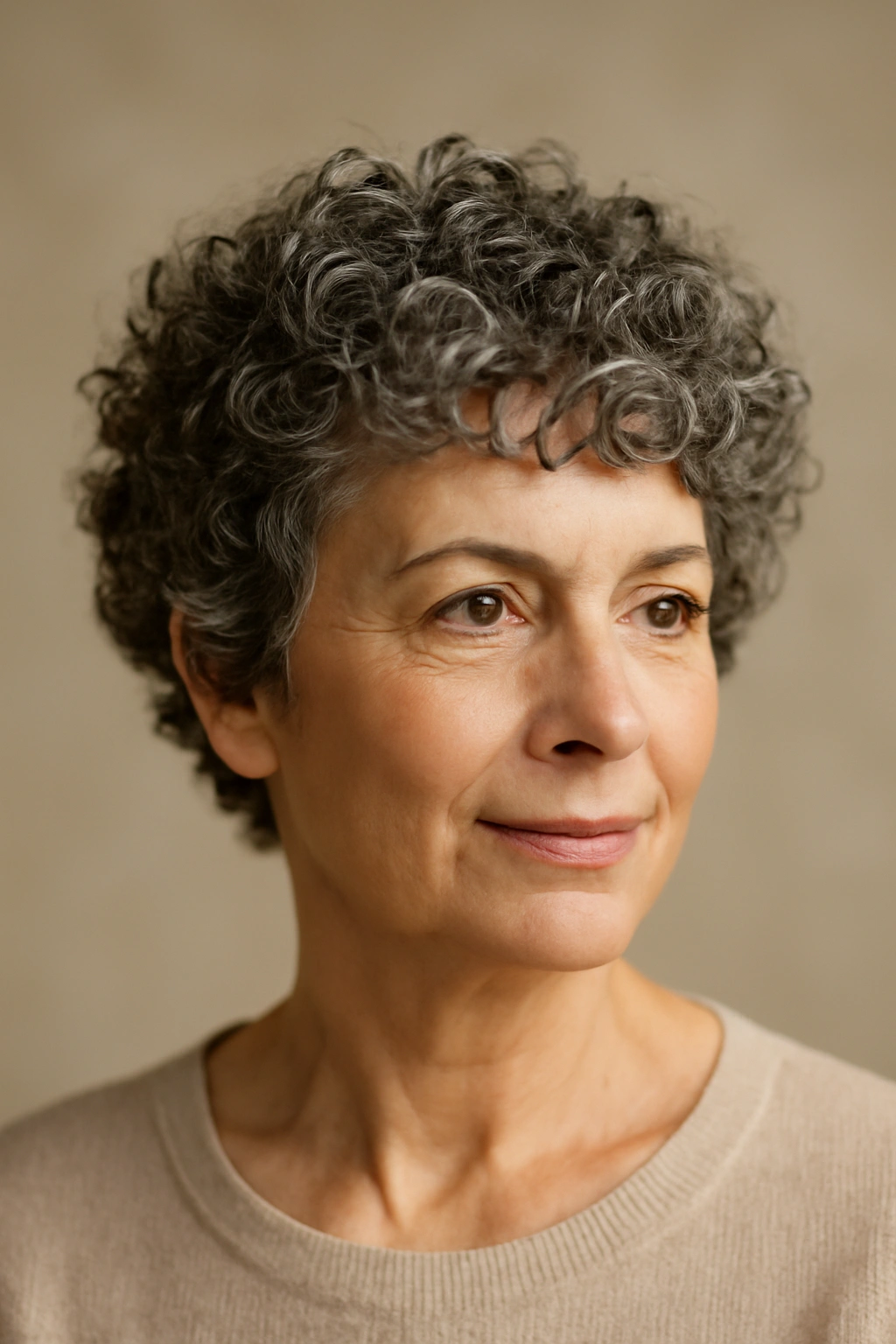 Woman over 60 with a short curly cut and defined curls