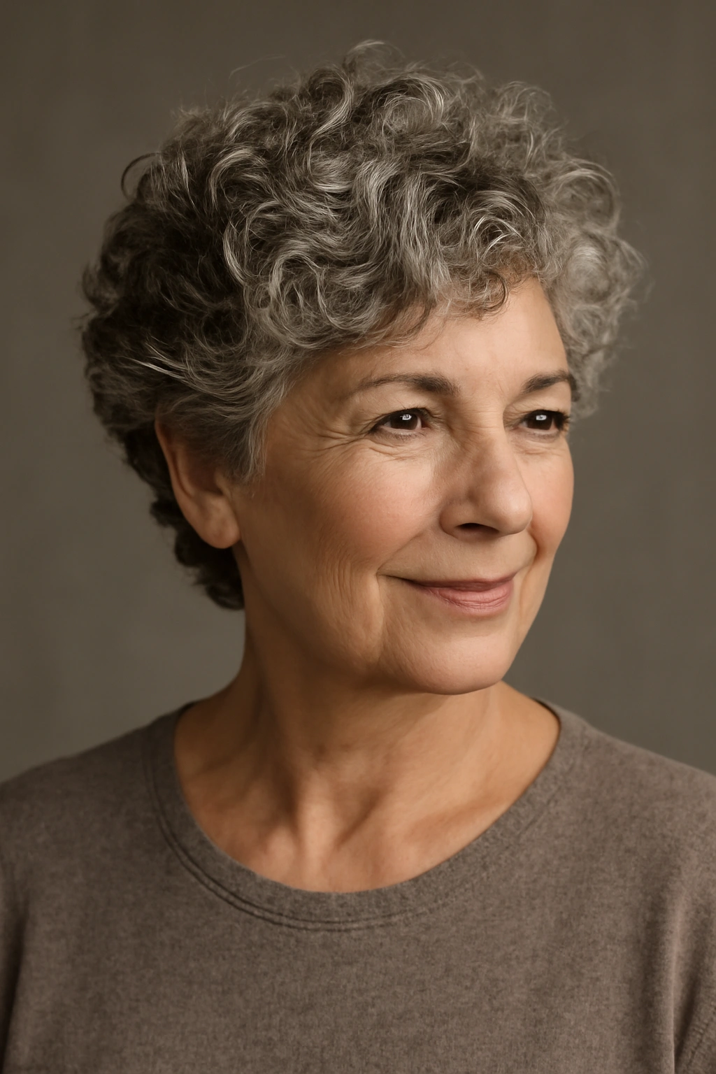 Close-up of a 60+ woman with a short curly layered cut showing lifted curls.