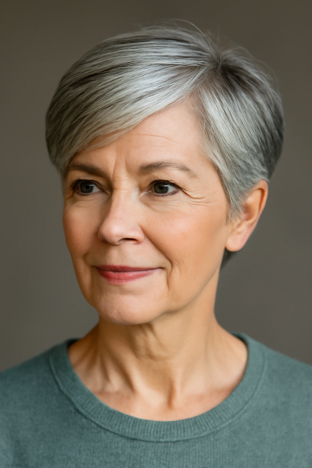 Short cut with side part showing lifted roots and side-swept crown