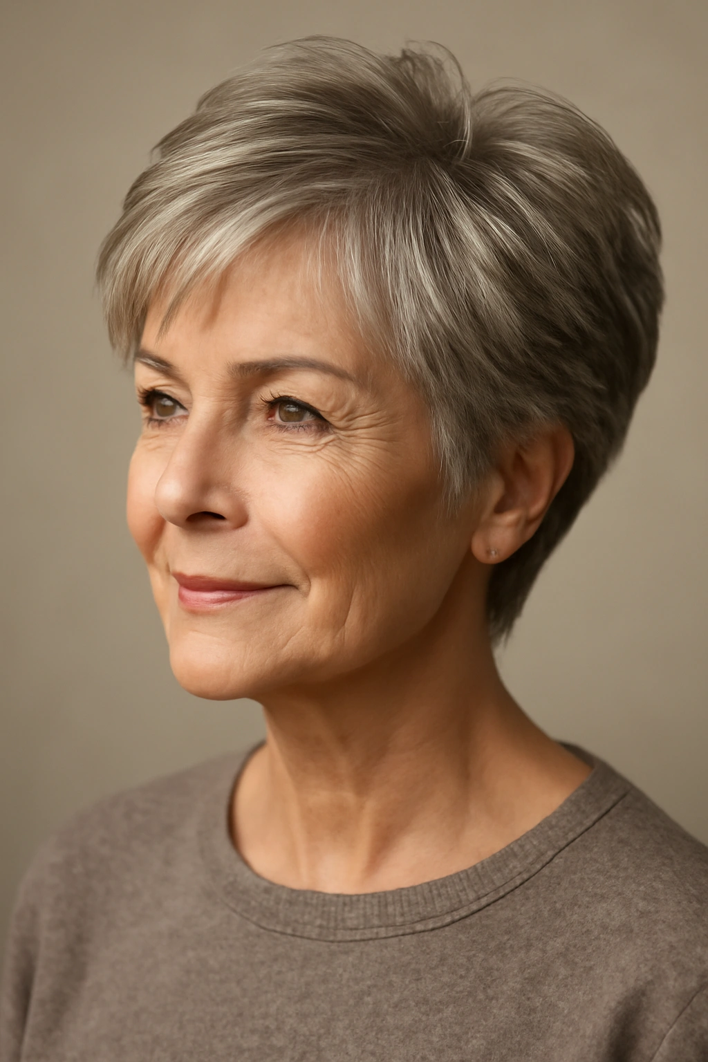 Woman over 60 with a short layered cut showing crown lift and volume