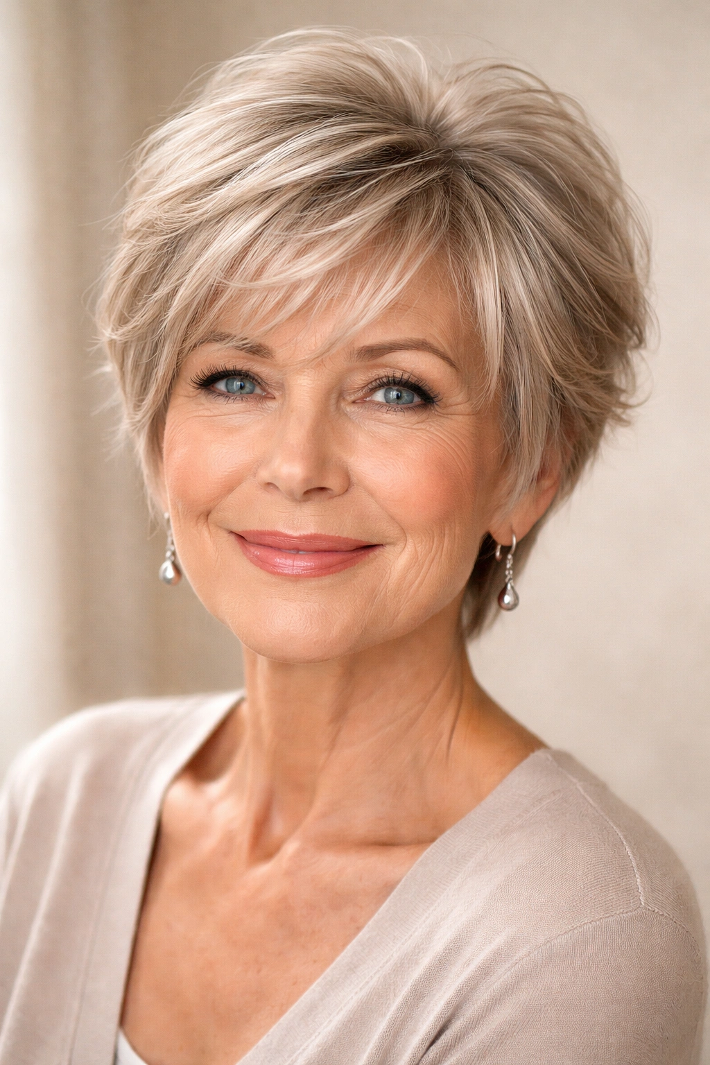 Portrait of a woman with a short layered cut showing lift at the crown and defined layers