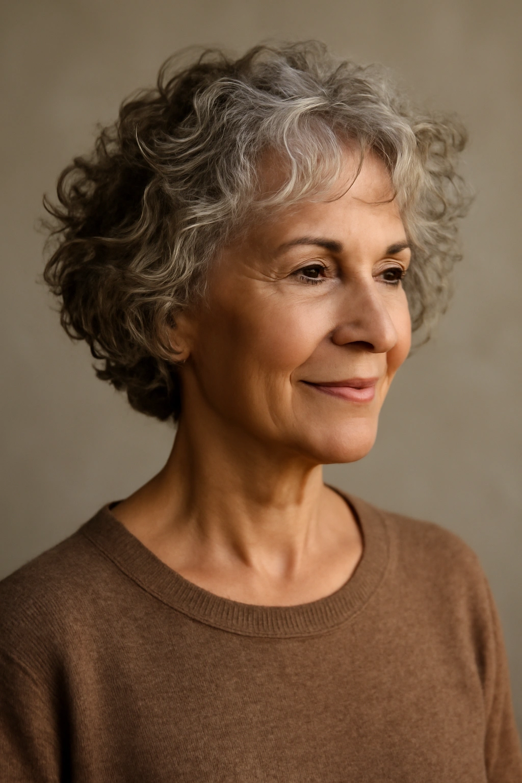 Older woman with short loose curls at chin length.