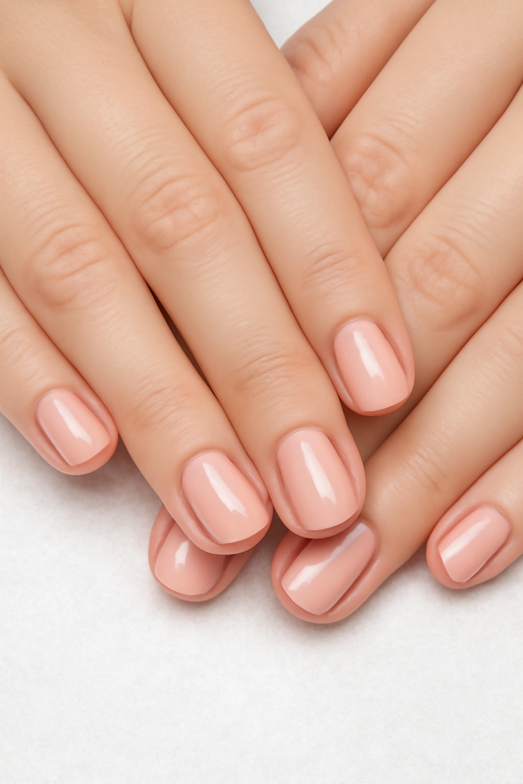 Short well-groomed nails with clean cuticles and a sheer pink polish for a polished minimalist look.