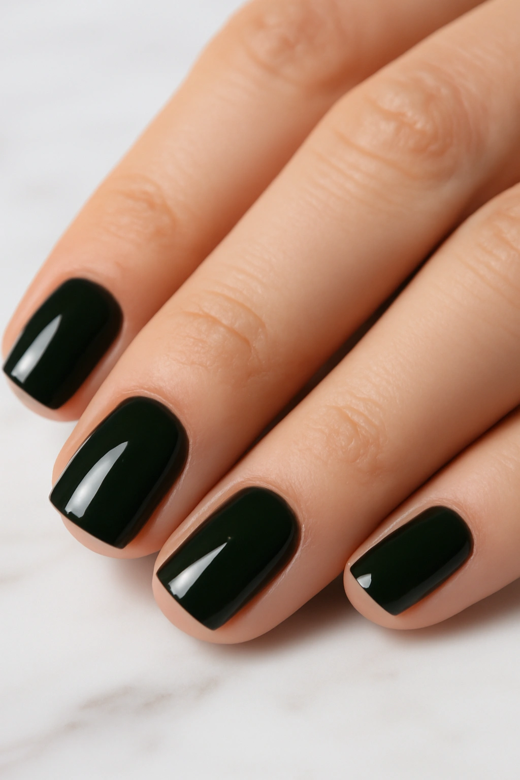 Short square nails with dark forest green polish on marble