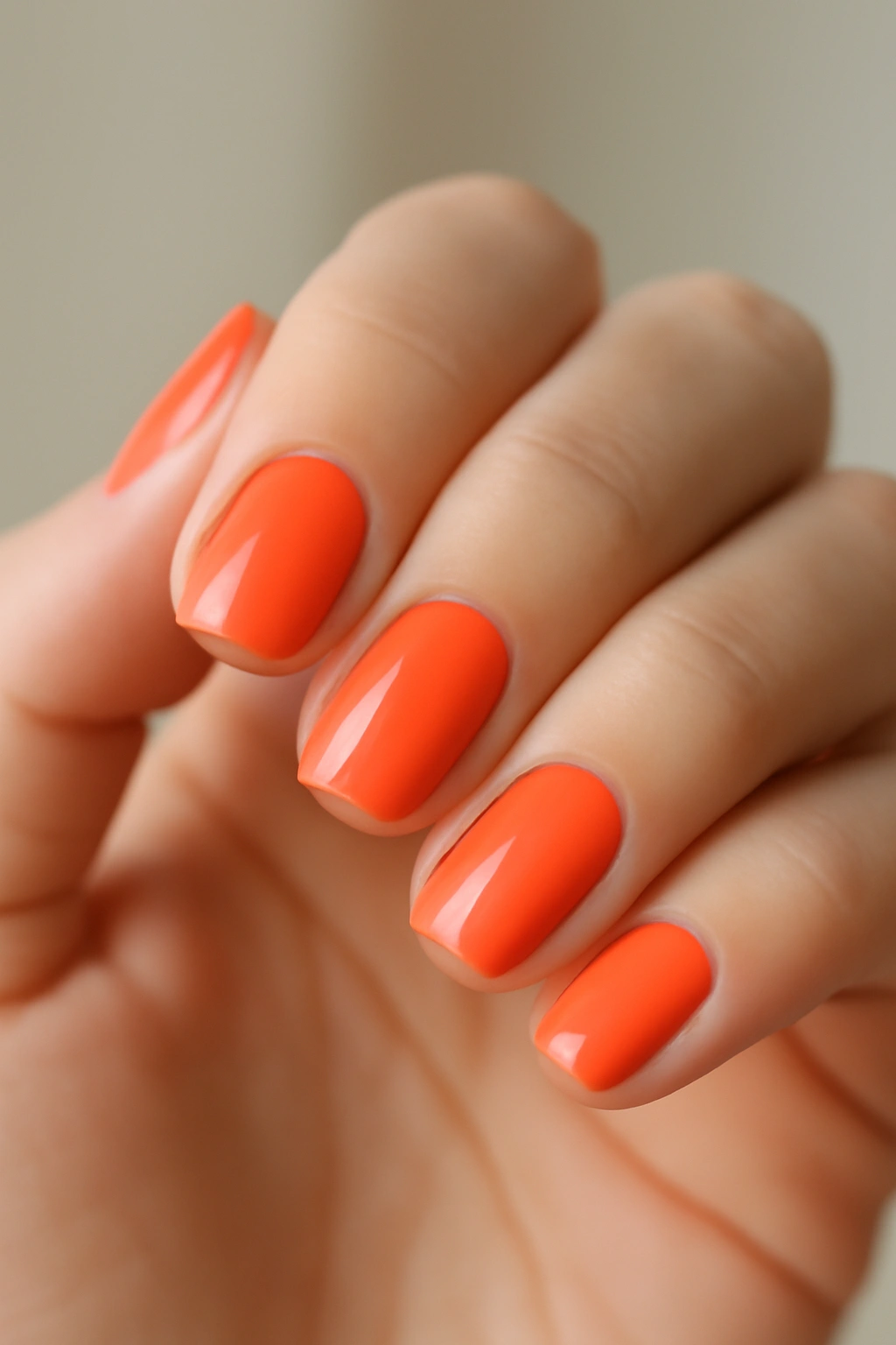 Short and sweet nails with a pop of bright coral color in a practical and neat square shape.