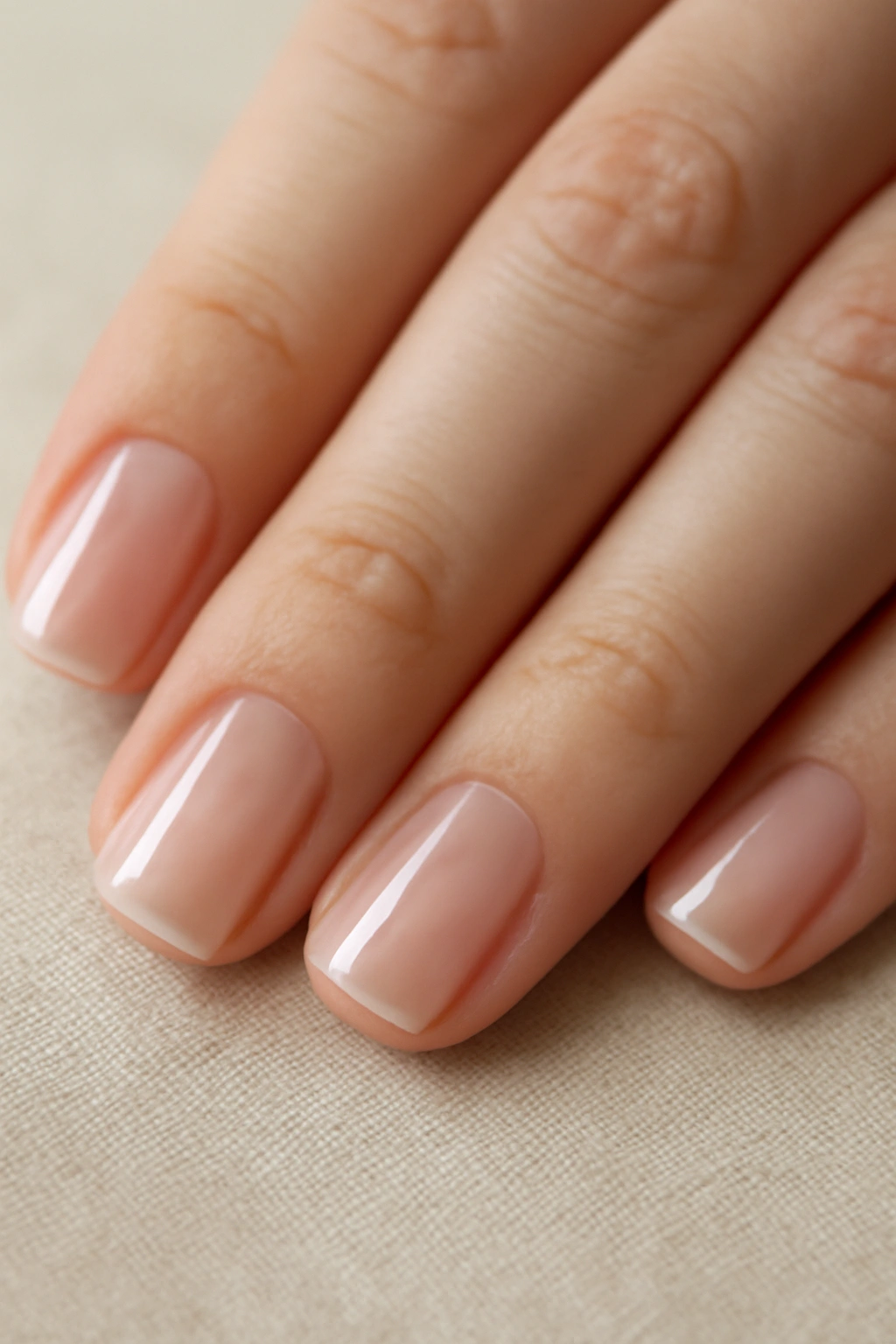 Close up of short nails in a clean squoval shape with a glossy clear finish.