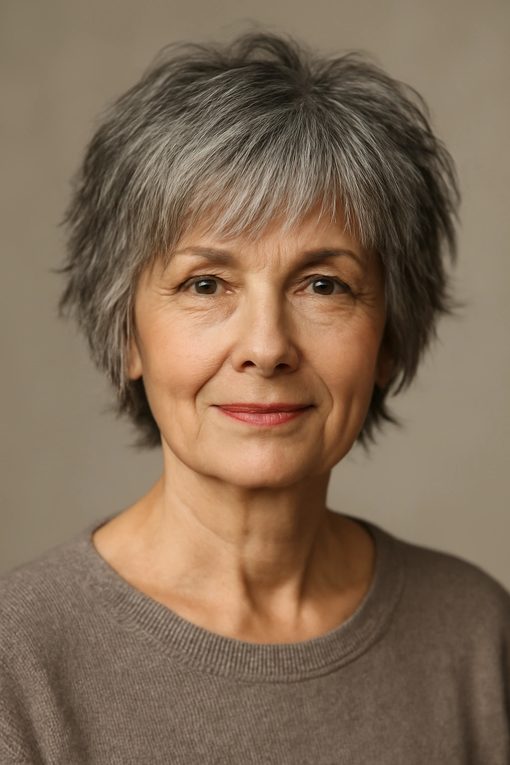 Mature woman with short shag showing choppy texture above the chin