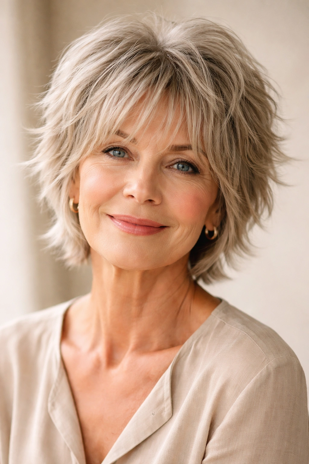 Close-up of a short shag hairstyle with choppy layers for thin hair