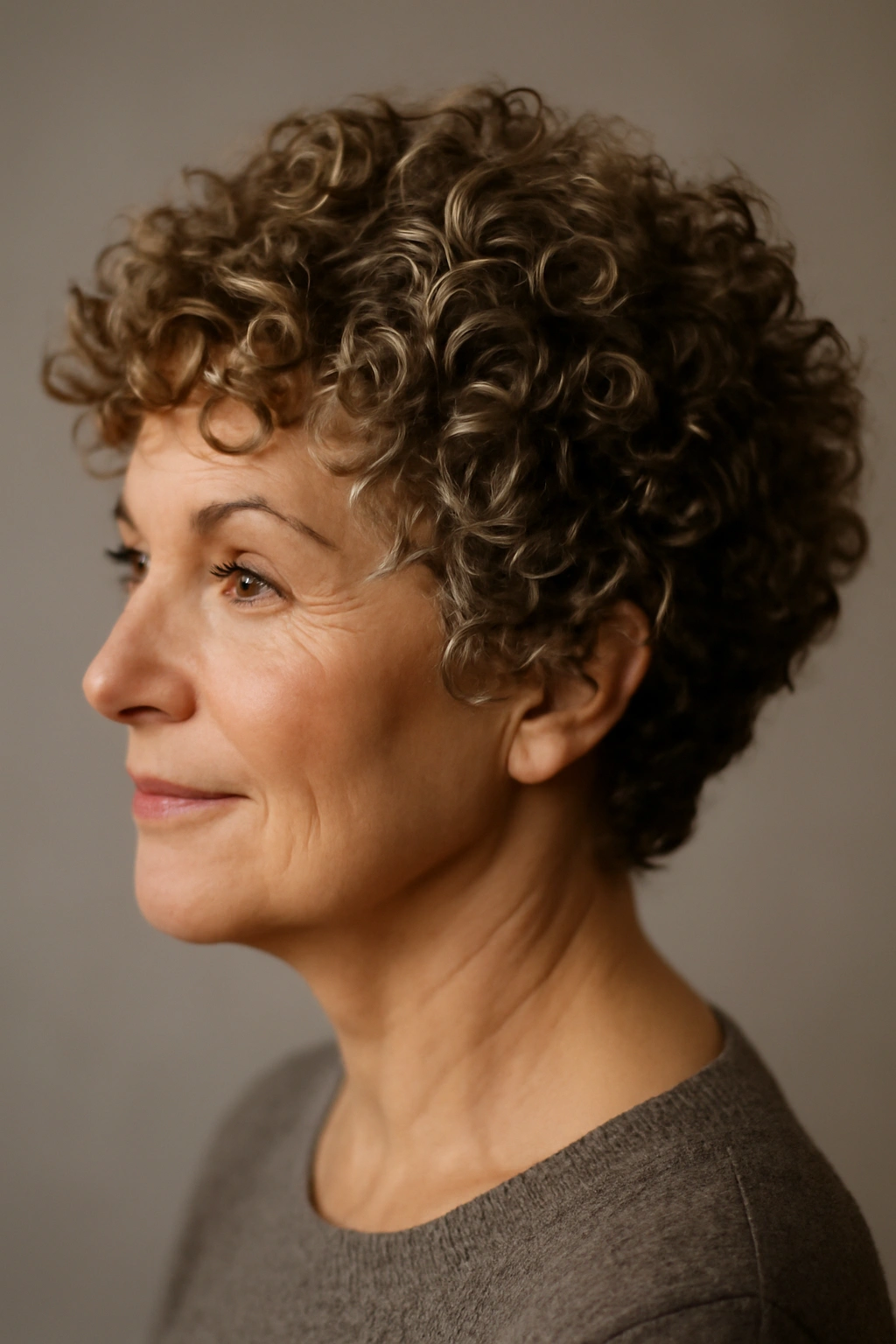 Short spiral curl cut on an older woman with defined tight spirals.