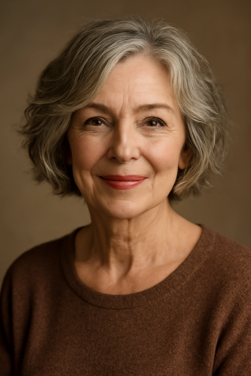 Mature woman wearing a short wavy bob with relaxed waves