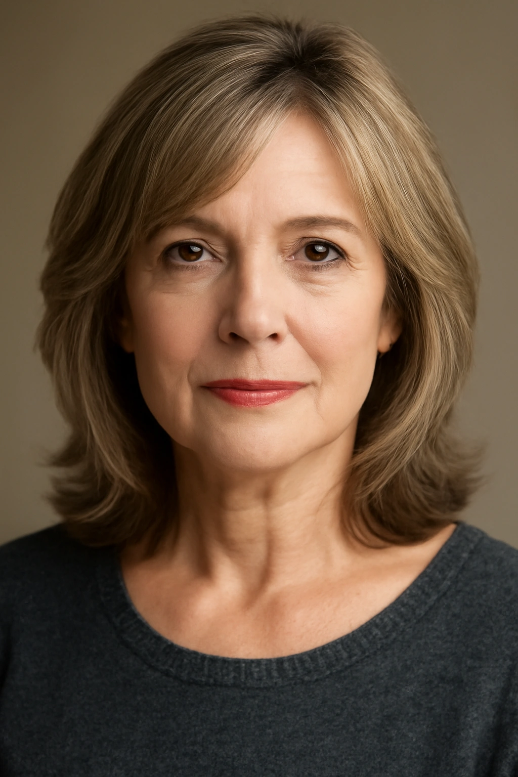 Shoulder-length hairstyle with face-framing layers on a mature woman