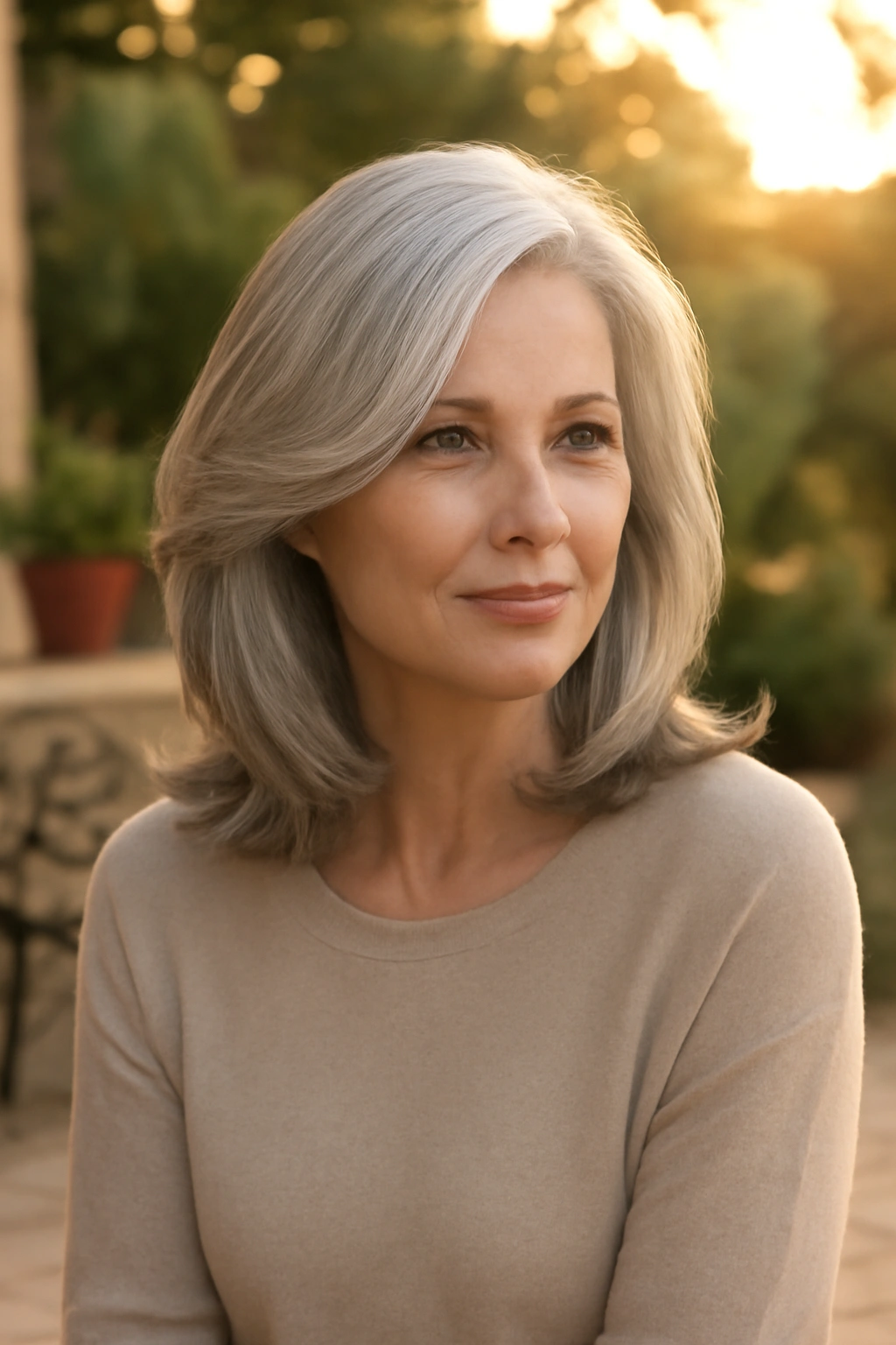 Shoulder-length gray hair with long layers on a mature woman
