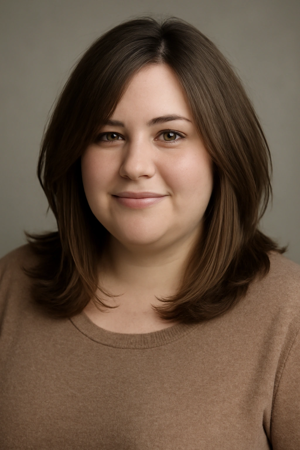 Plus-size woman with shoulder-length hair and subtle layers