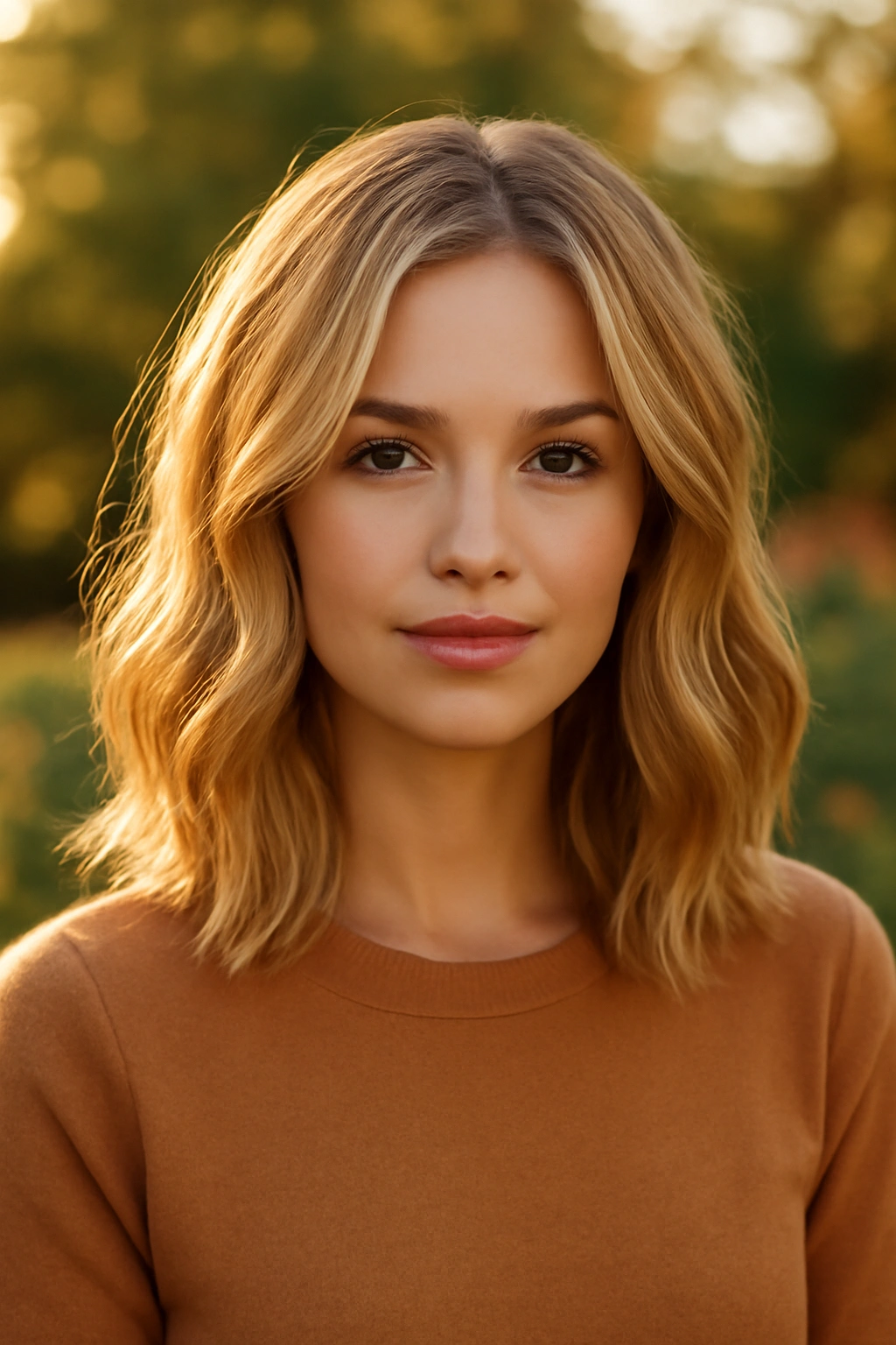 Shoulder-length honey blonde hair with gentle waves and sun-kissed highlights.