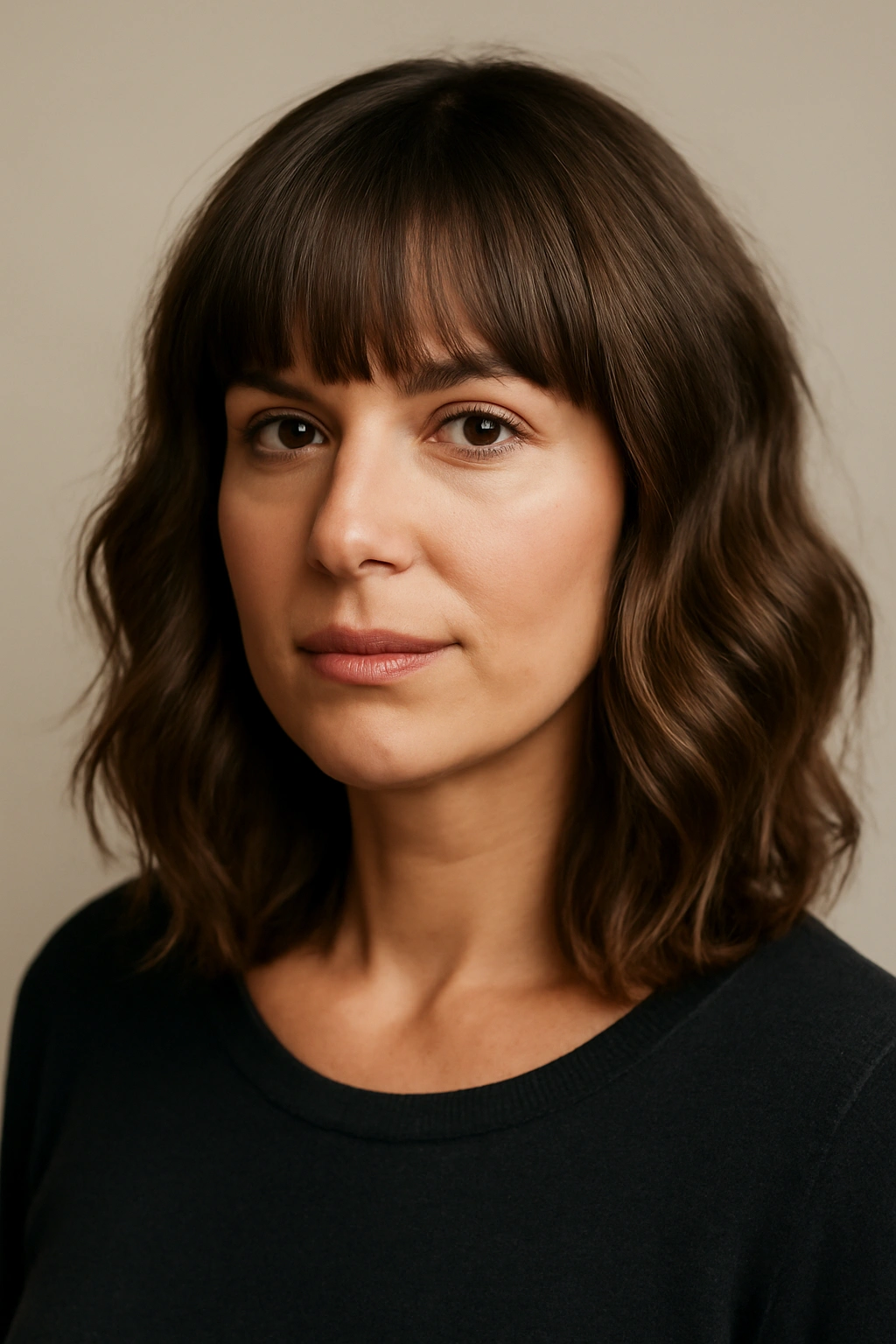 Shoulder-length waves with blunt bangs on a woman, bold face-framing