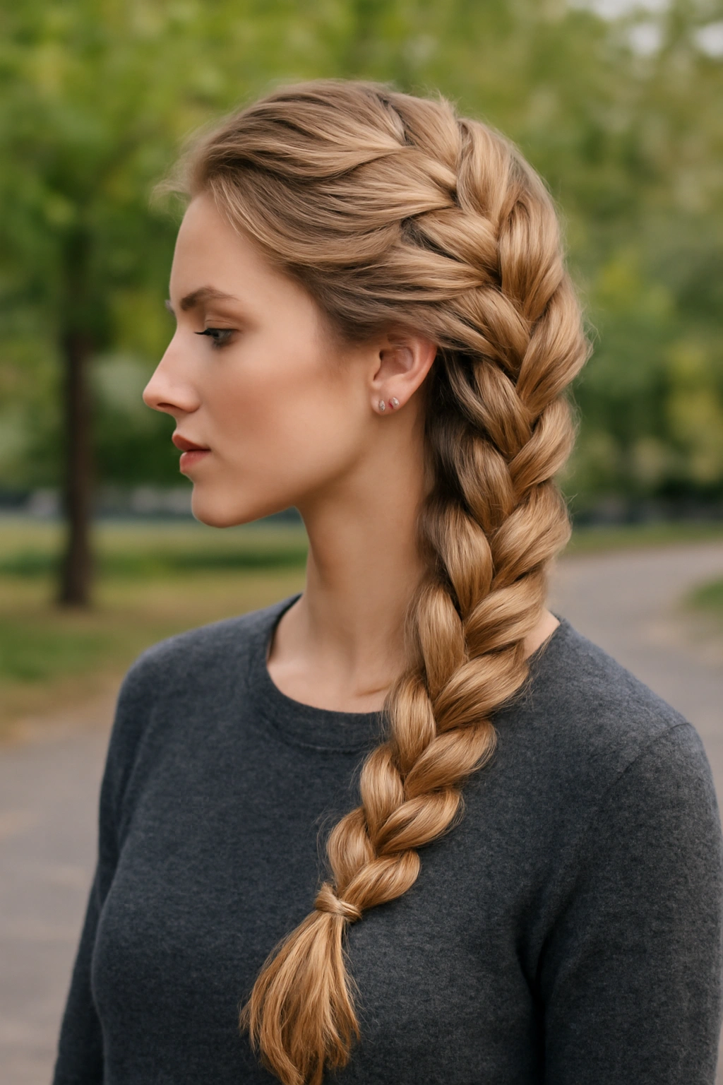 A voluminous side-swept Dutch braid resting on a woman's shoulder in natural light