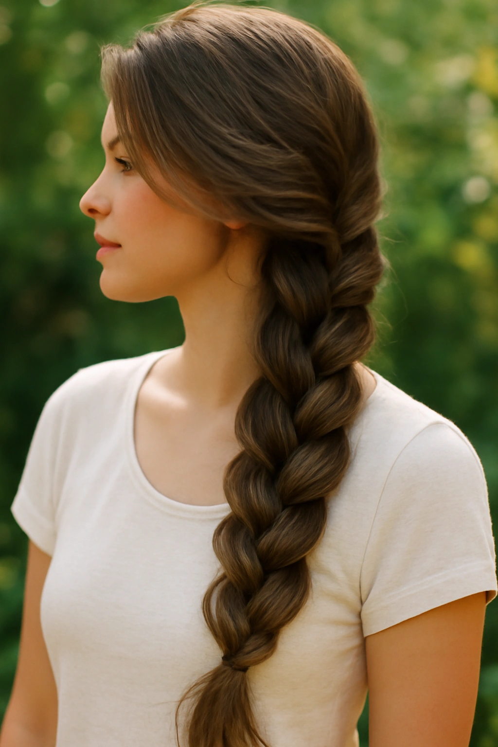 Chic side-swept three-strand braid draped over a woman's shoulder with soft lighting