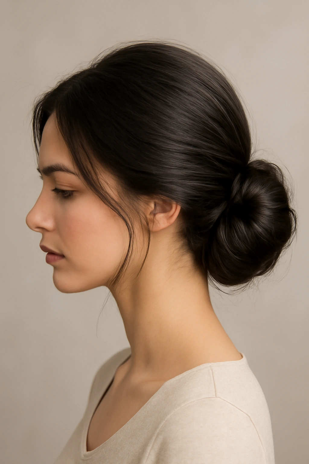 Elegant low side bun hairstyle styled to one side of the neck for a romantic and relaxed look