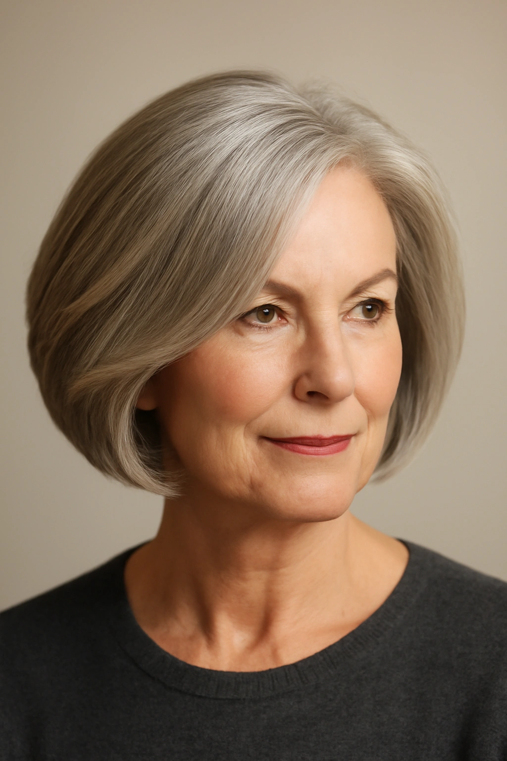 Mature woman with a bob having a deep side part and sweeping top hair