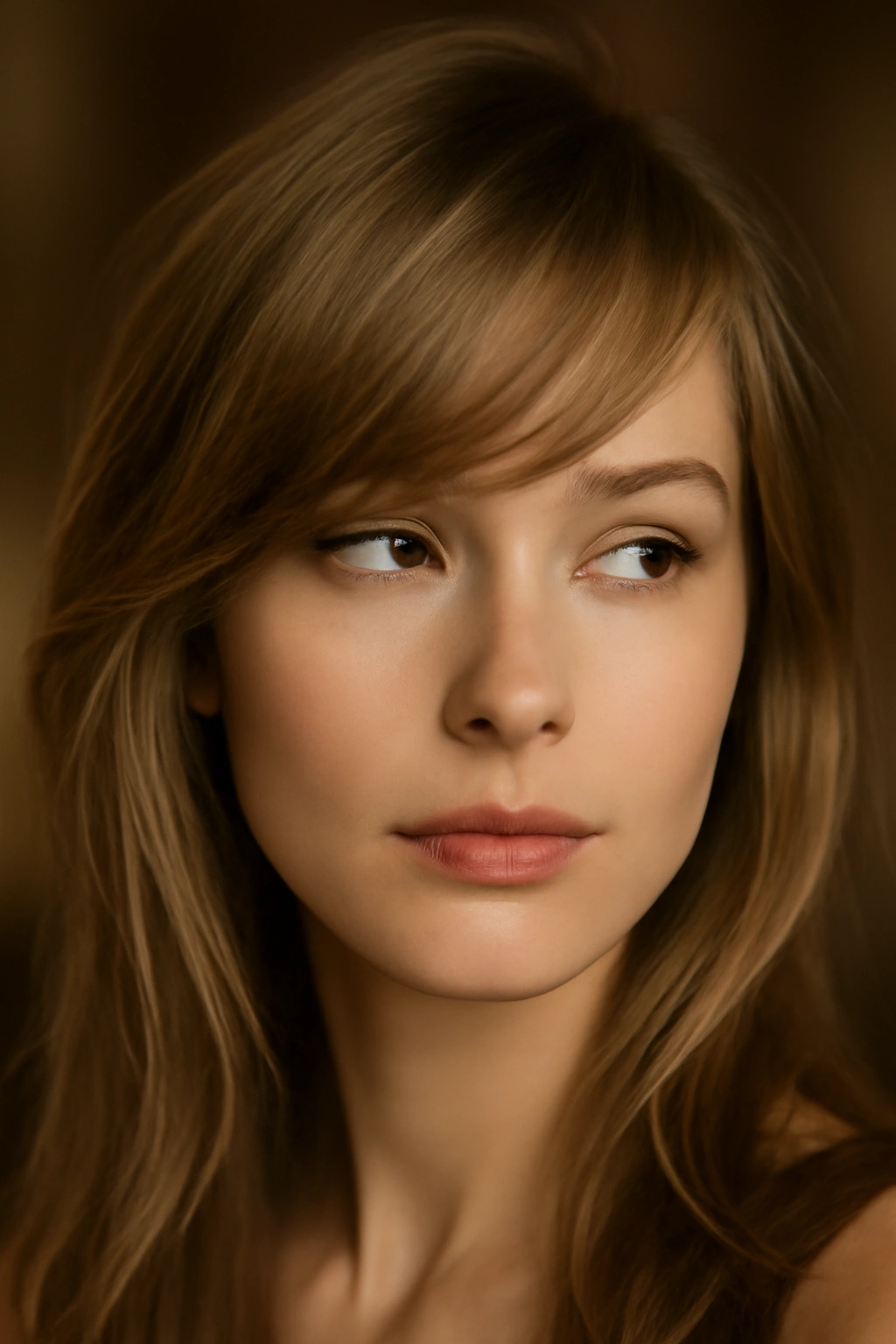 Woman wearing side-swept wispy bangs styled to the side for a sophisticated look