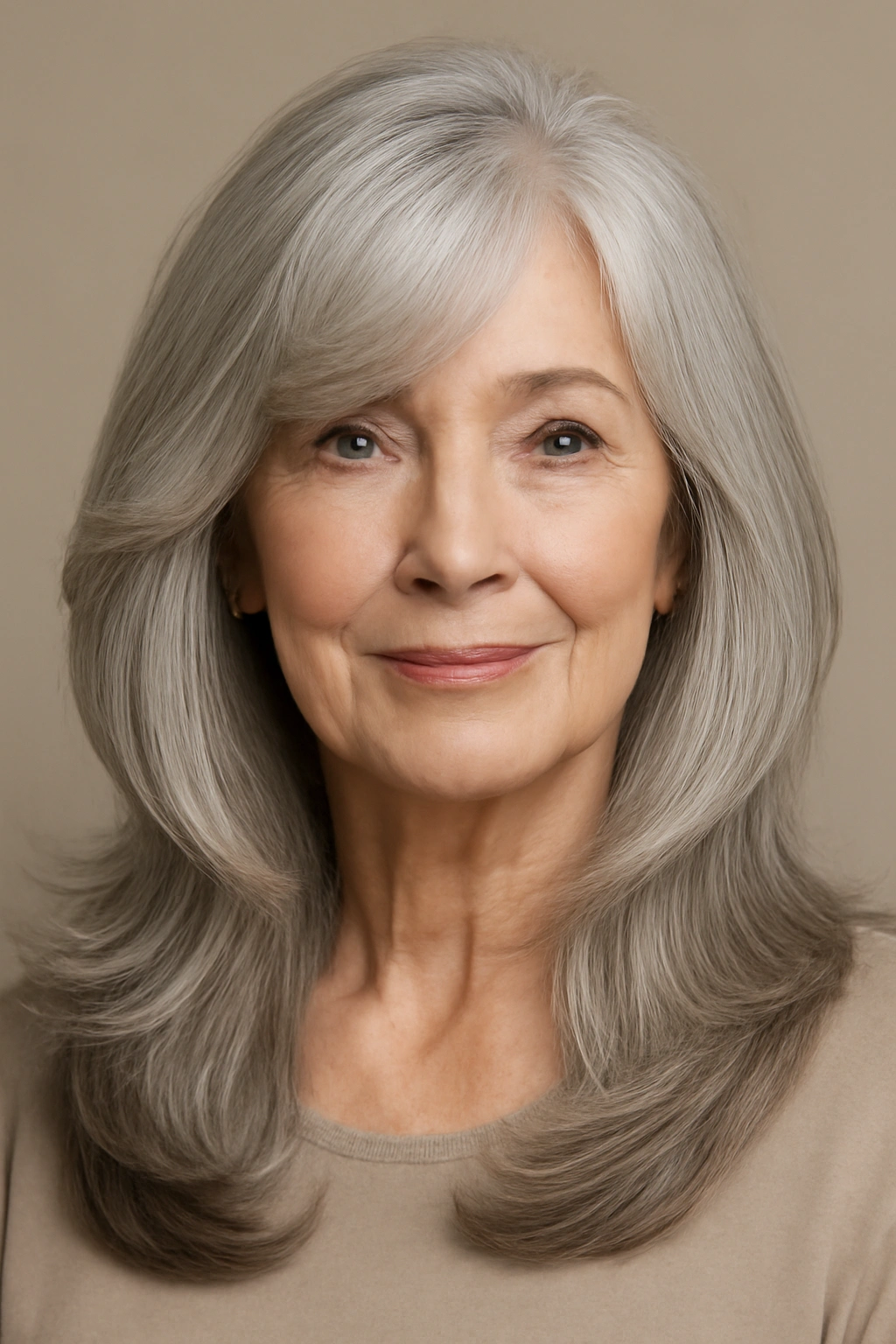 Long silver hair with cascading layers and soft side-swept bangs for a youthful charm.