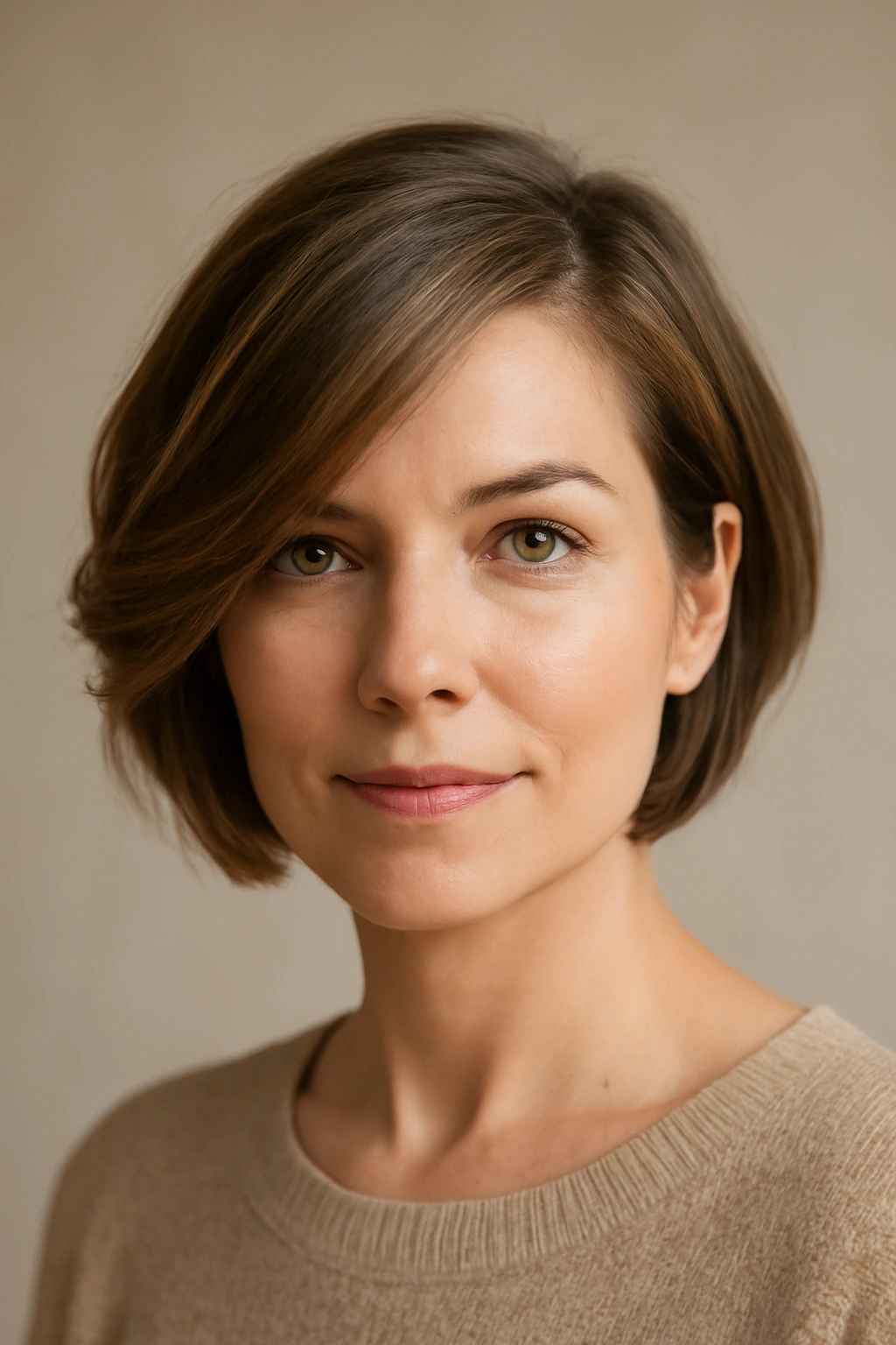 Portrait of a woman with a deep side-parted side-swept bob in studio lighting