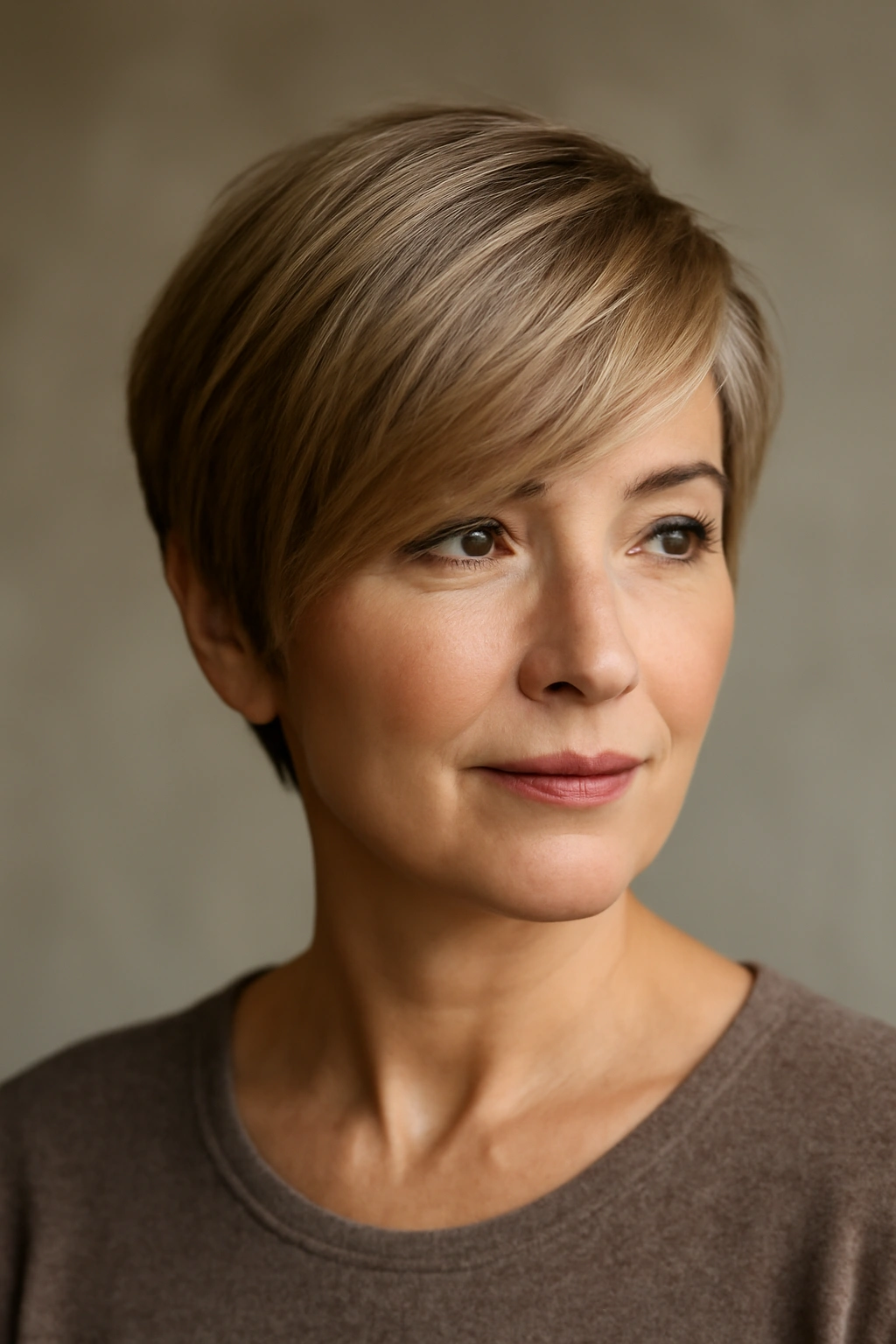 Side-swept bangs pixie haircut on a round-faced woman