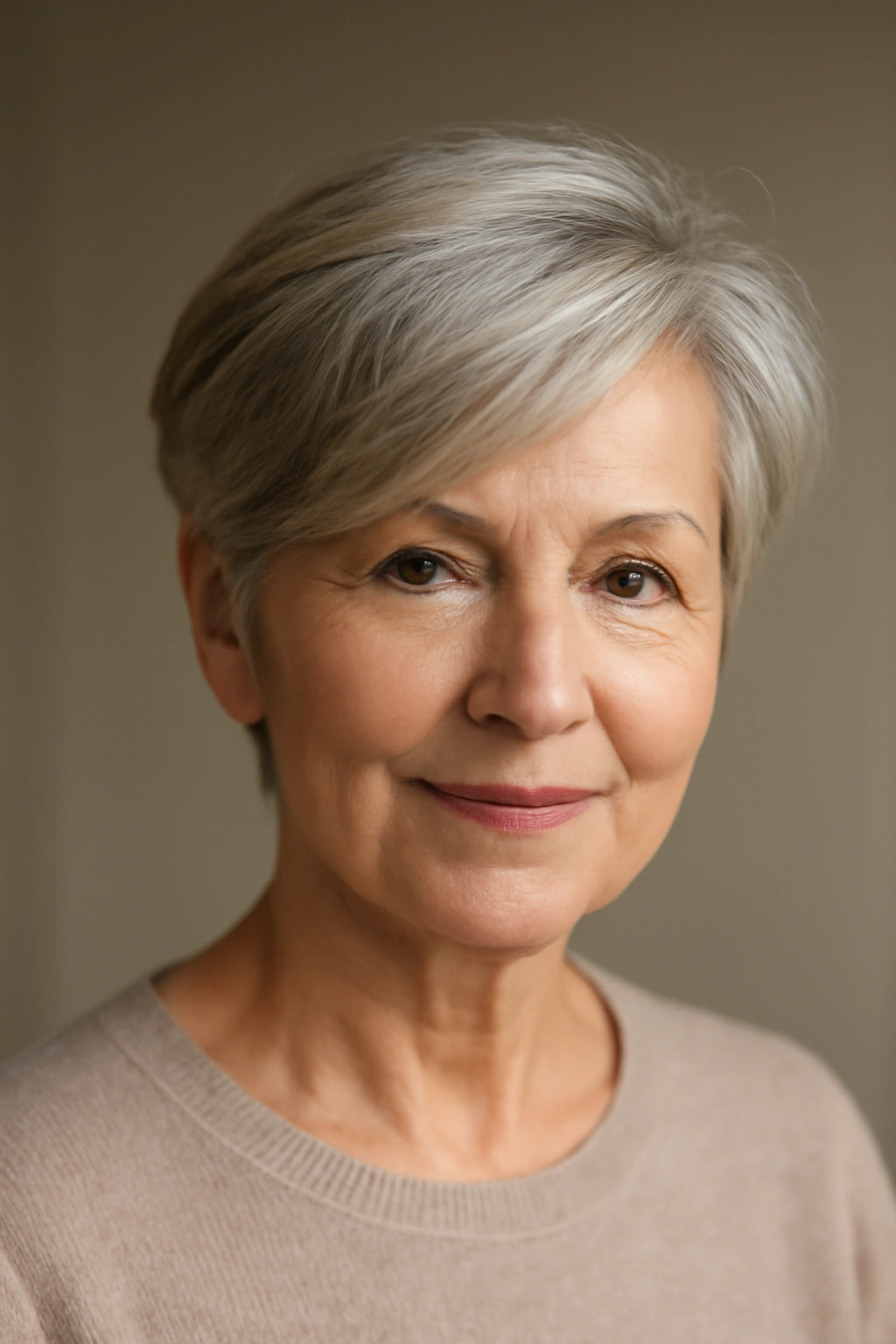 Close-up of a mature woman's side-swept pixie cut with lifted roots and soft texture