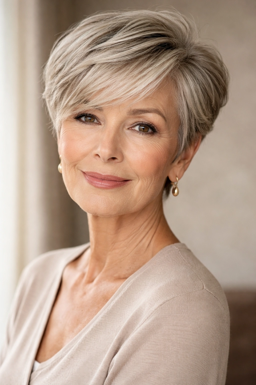 Portrait of a woman with a side-swept pixie showing soft movement and lift