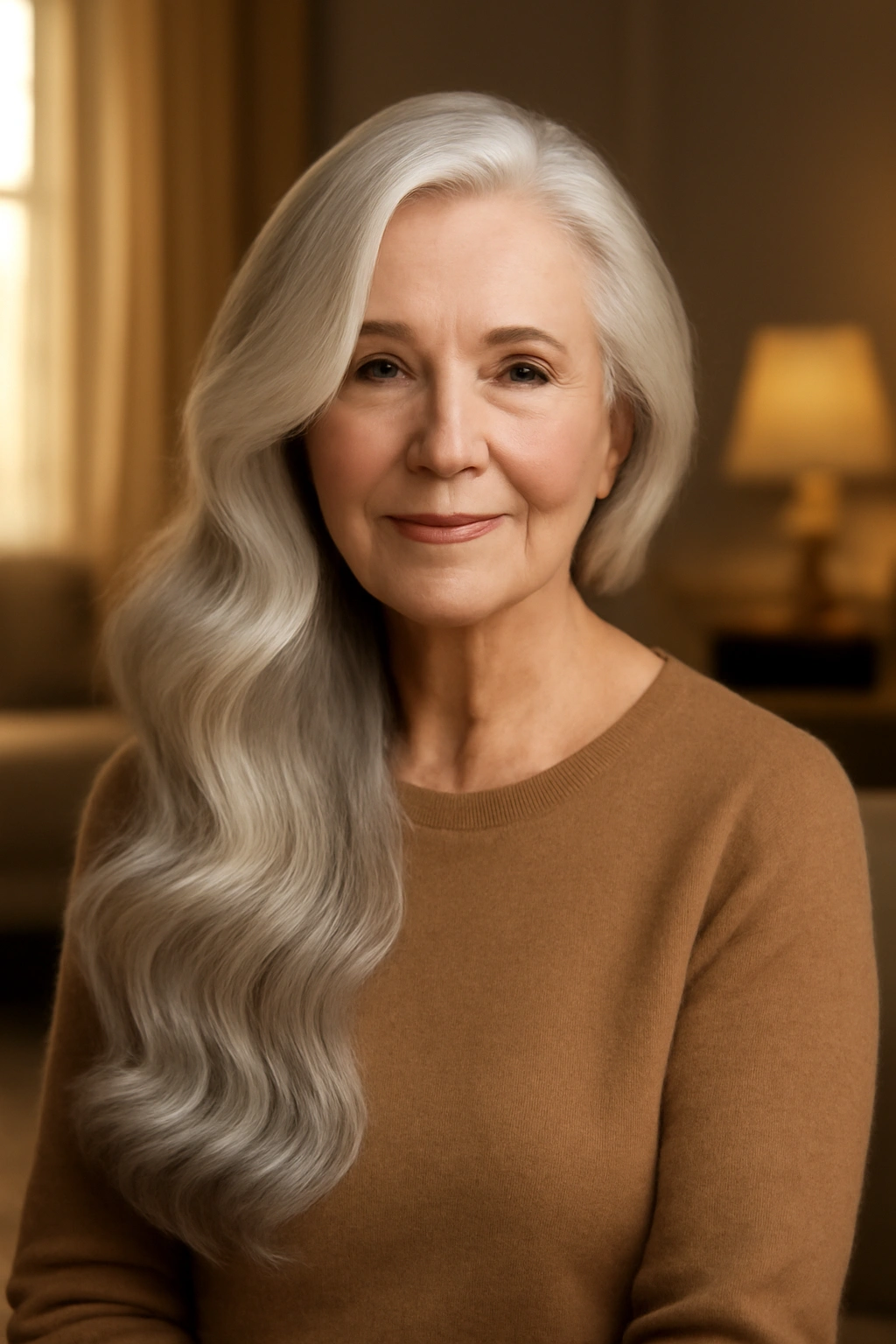 Long side-swept waves on a woman over 70 with white hair and a deep side part for a glamorous look.