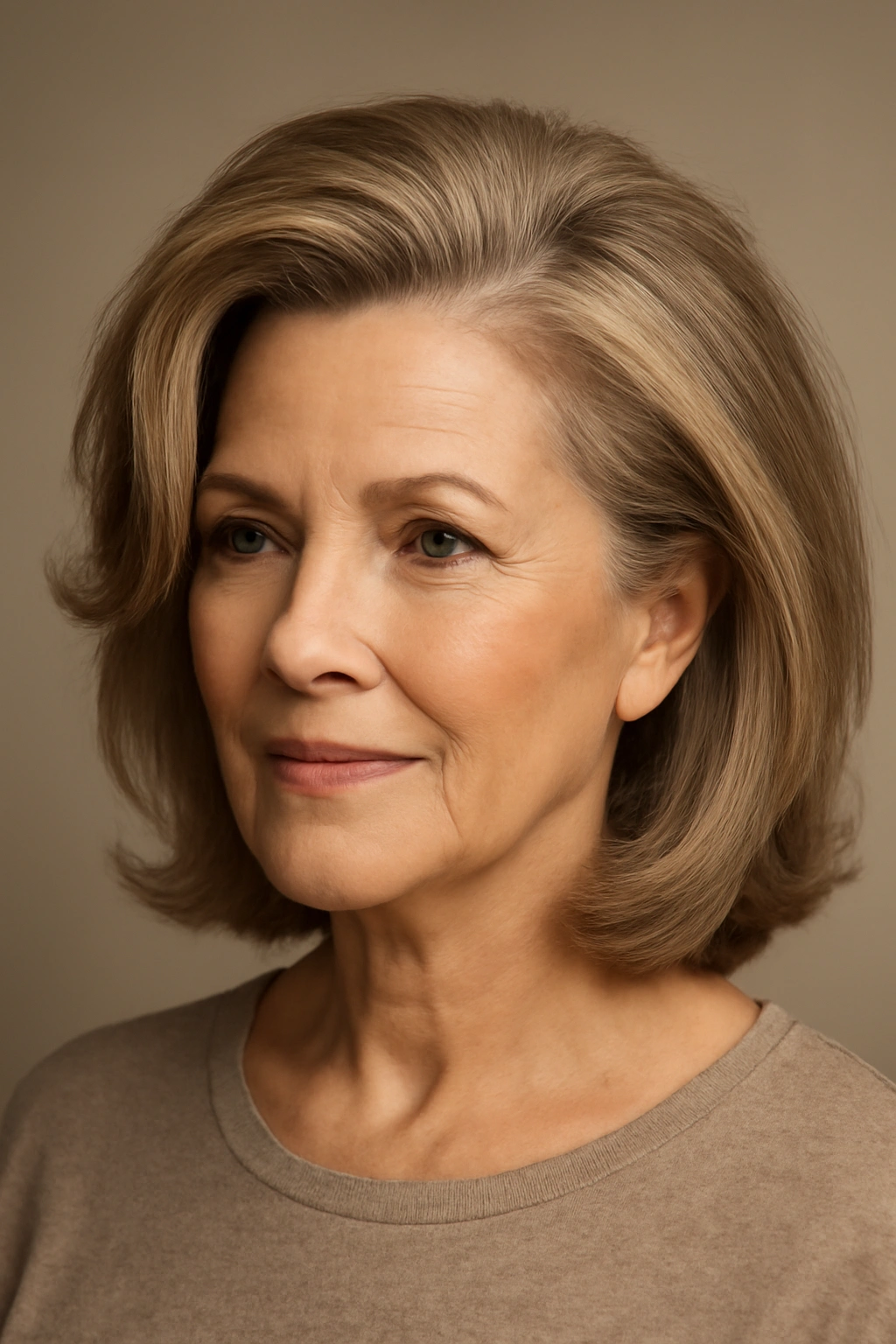 Close-up portrait of a mature woman with a deep side part and voluminous crown.