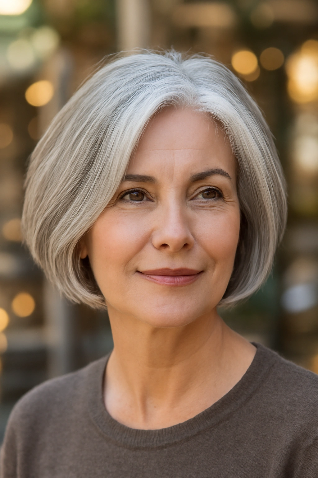 Woman over 50 with a classic silver bob hairstyle and subtle layers in a bright setting