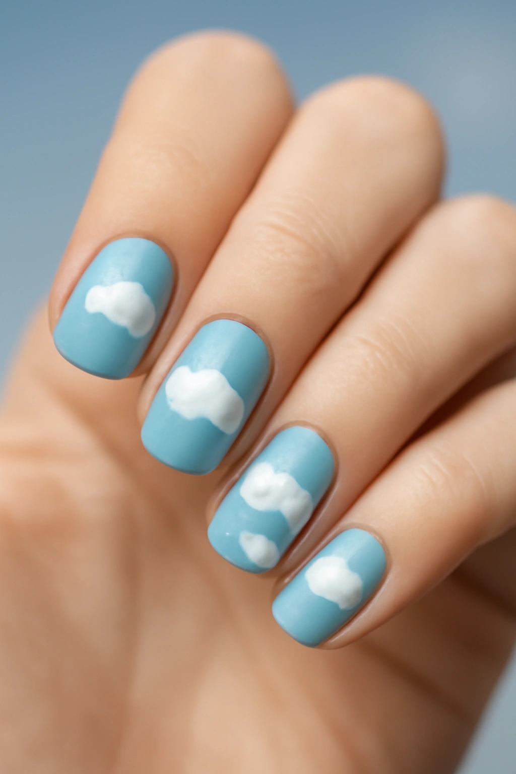 Close-up of nails painted sky blue with white cloud nail art