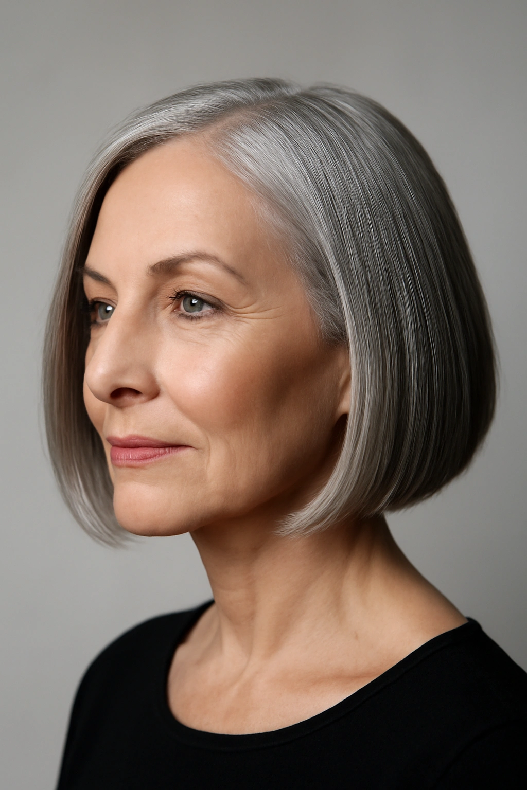 Senior woman with a sleek, glossy straight bob in studio lighting