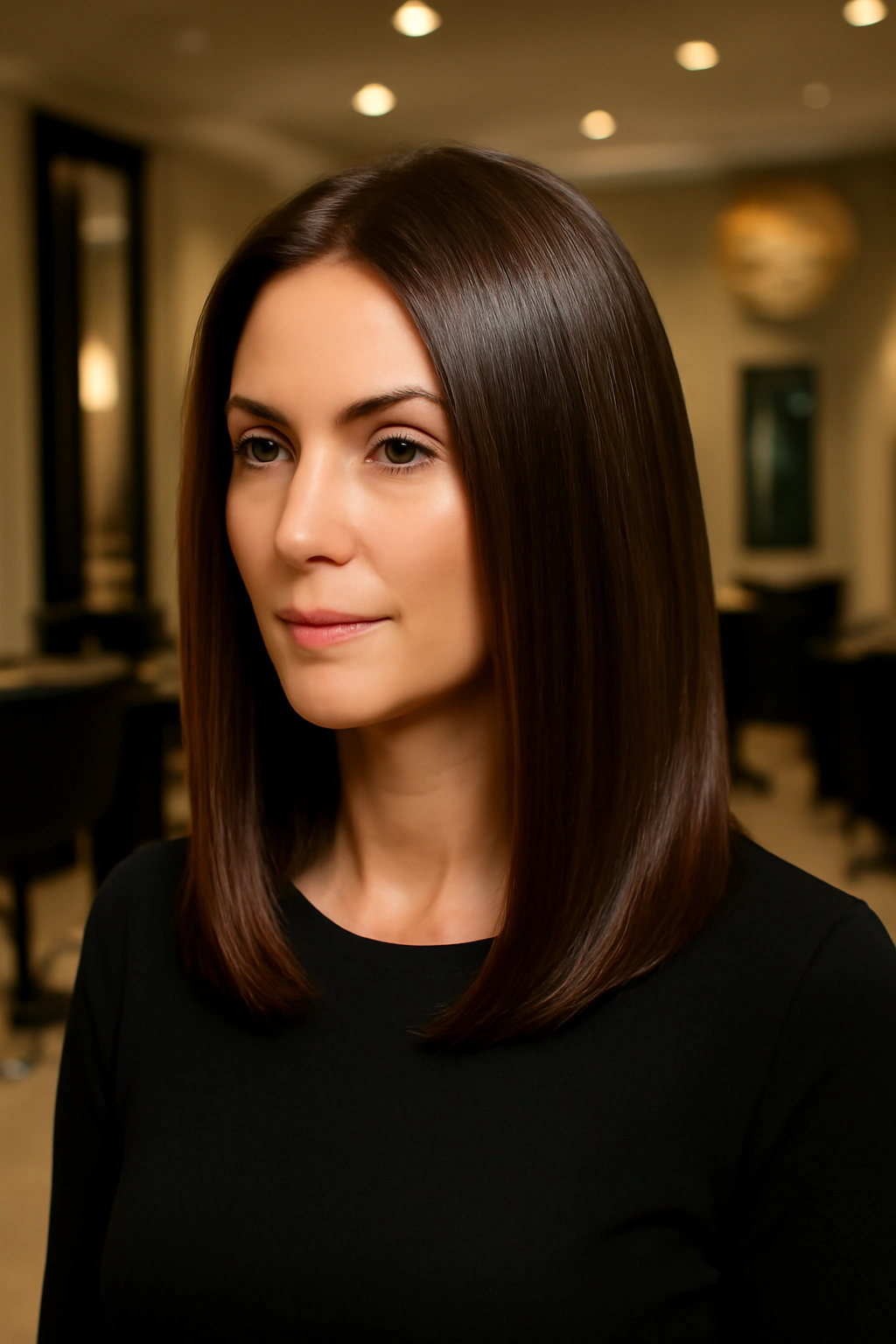 Sleek shoulder length haircut with shiny healthy hair on a woman