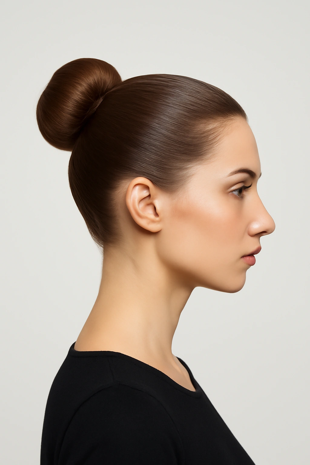 A woman wearing a sleek high bun hairstyle at the crown of her head