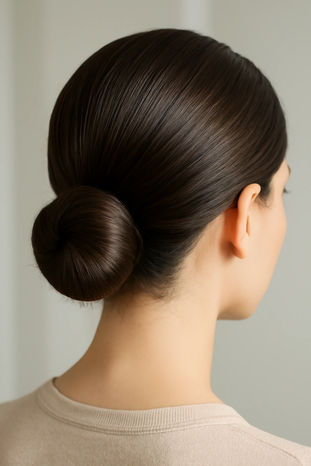 Rear view of a woman with a tidy, glossy low bun at the nape of the neck.