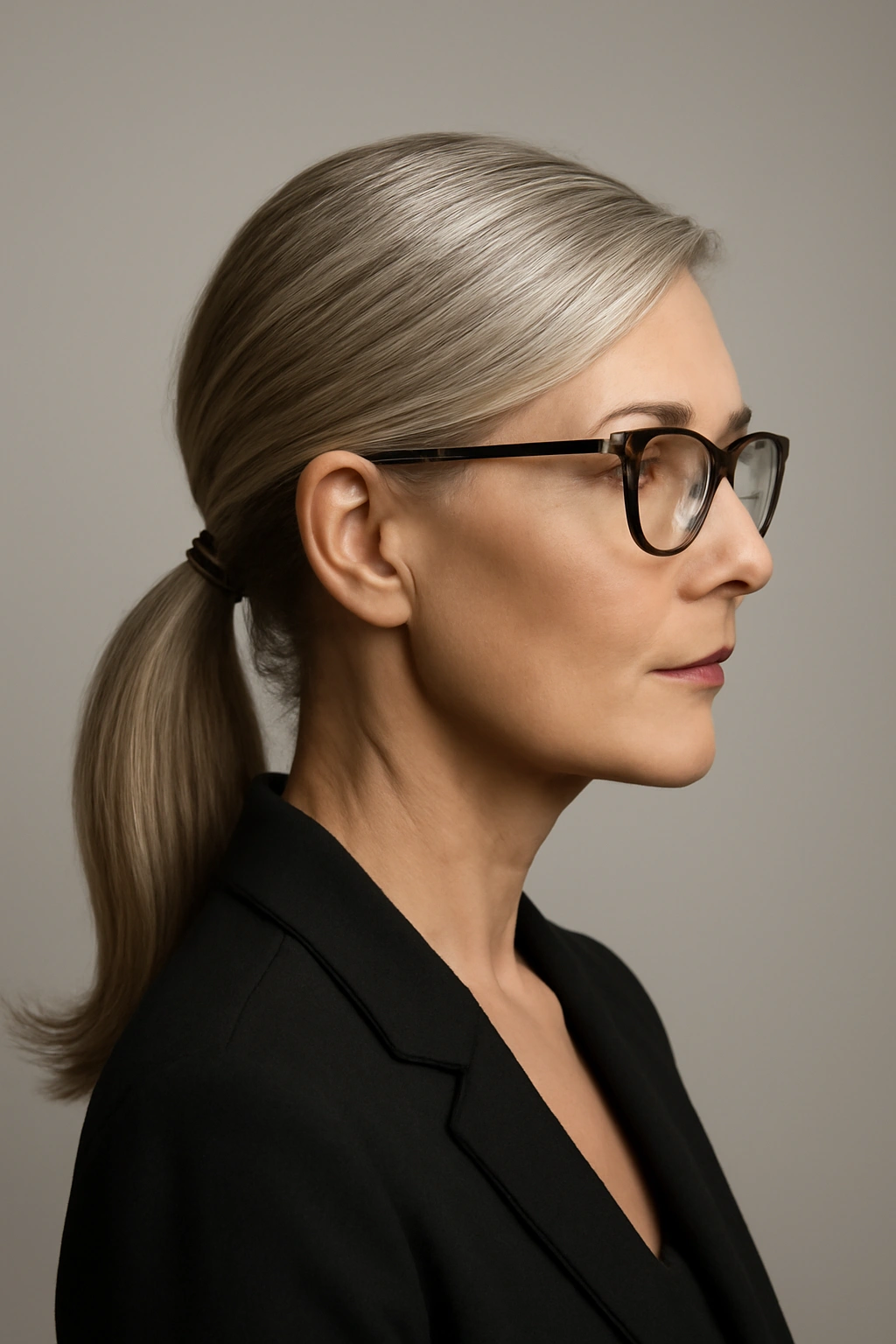 Elegant woman over 50 wearing a sleek ponytail with a side part and glasses