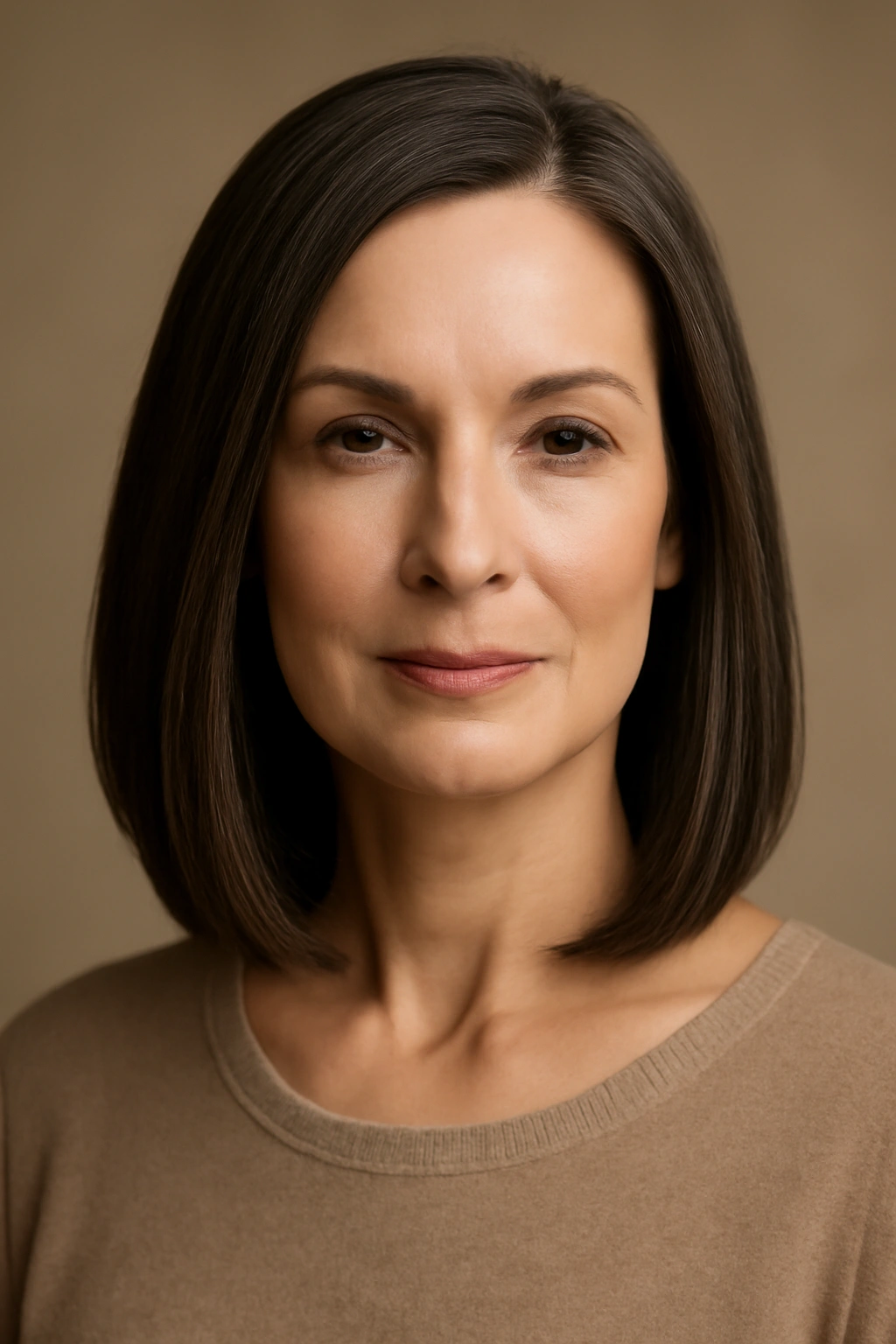 Portrait of a woman with a sleek shoulder-length cut and glossy finish.