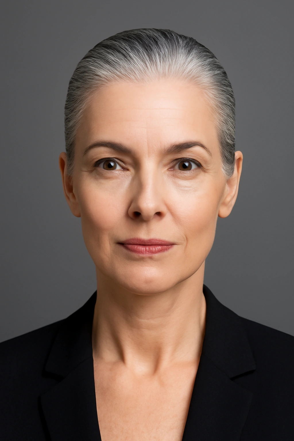 Sophisticated slicked back silver hair style for older women