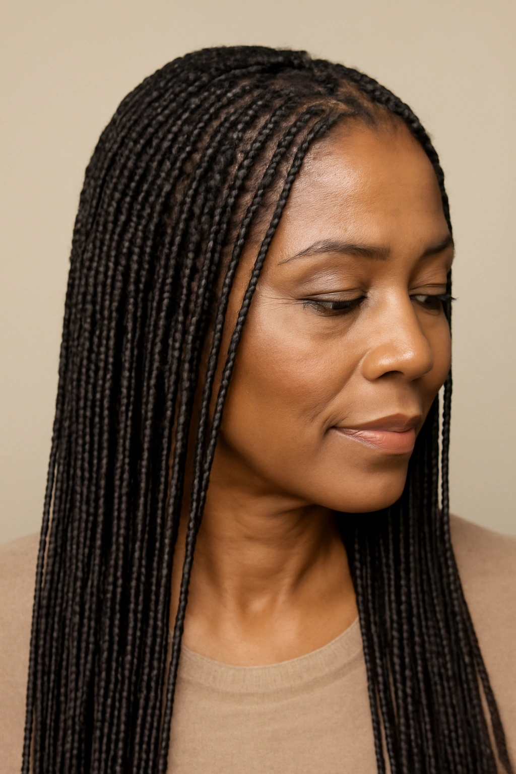 Close-up of small knotless braids on a mature Black woman showing detailed, tension-free roots.
