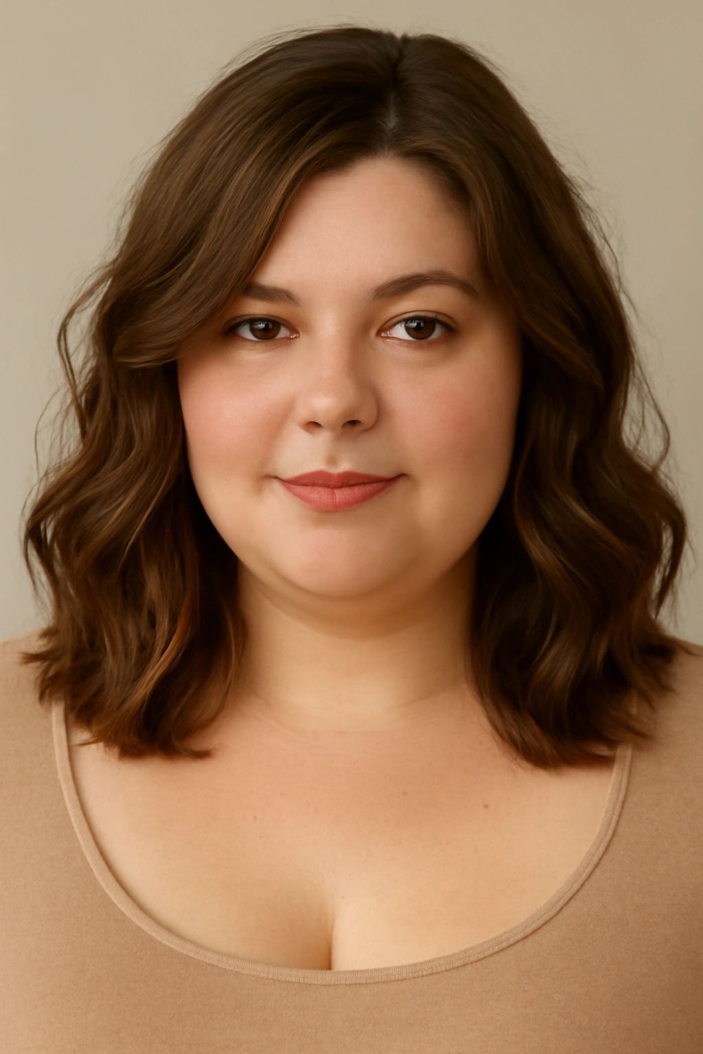 Soft wavy collarbone-length hairstyle on a plus-size woman