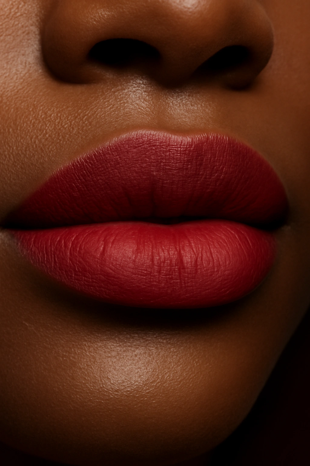 Elegant soft cranberry lipstick on a woman with a deep skin tone.