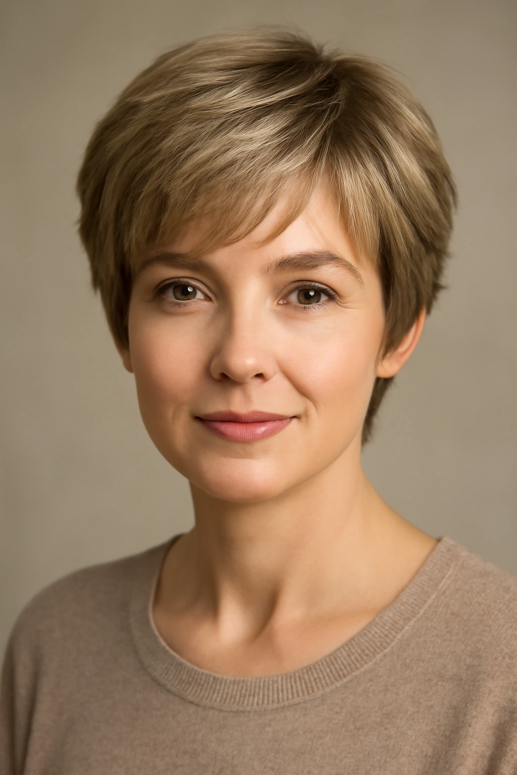 Head-and-shoulders portrait of a soft layered pixie with gentle layers