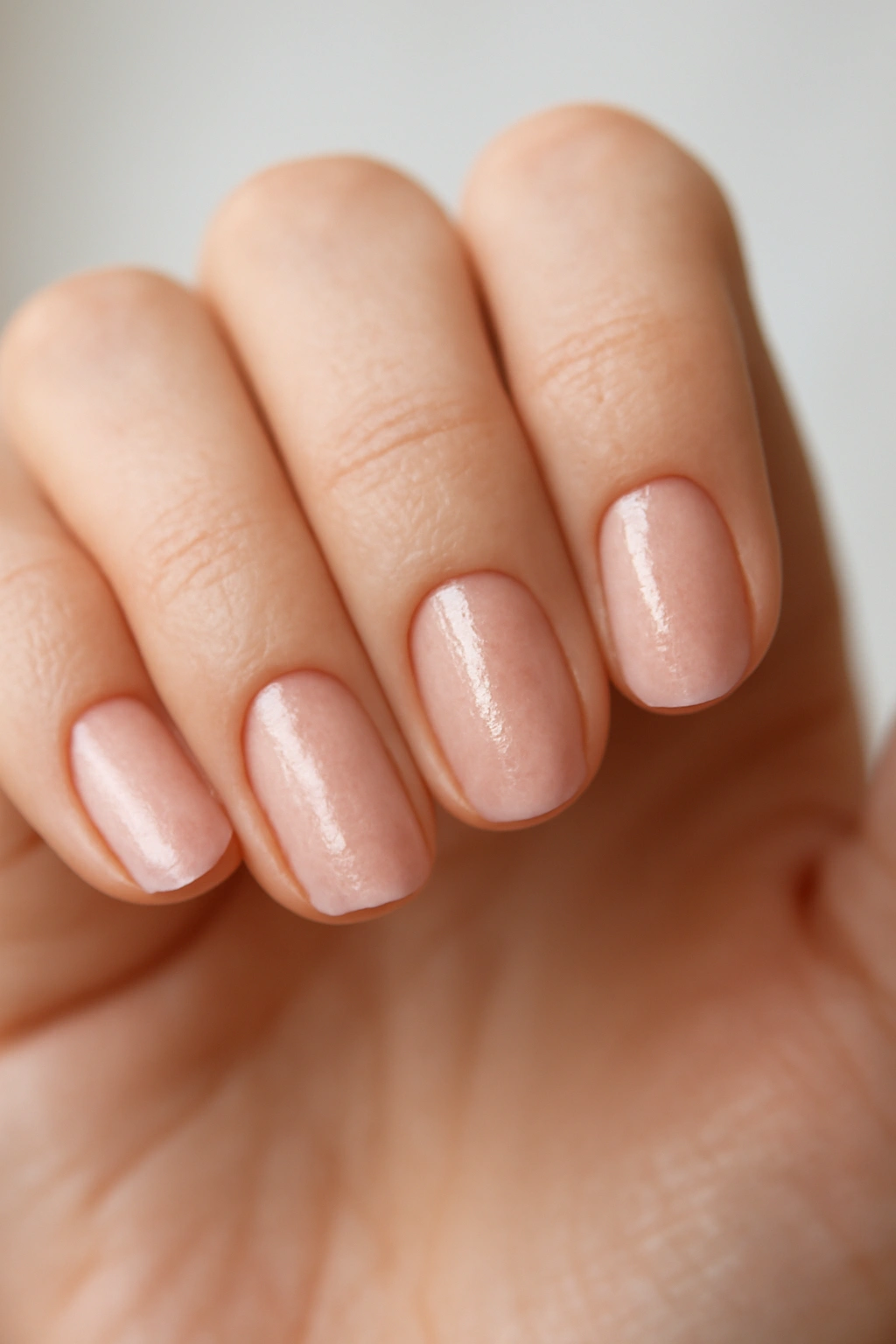 Close-up of hands with soft pink and rose gold nails, subtle shimmer